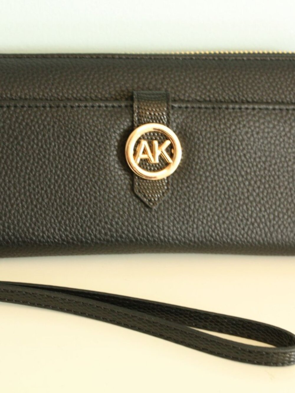 ANNE KLEIN 8" x 4" Black Pebble Faux Leather Gold Logo Full Zip Wallet Wristlet